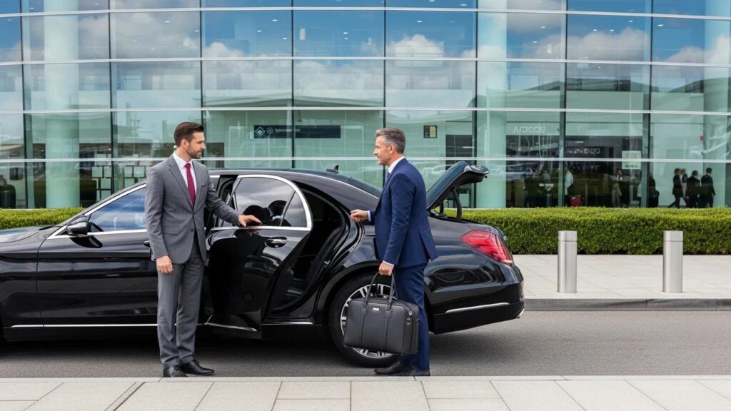 Luxury airport transfer vehicle with professional chauffeur at a high-end terminal
